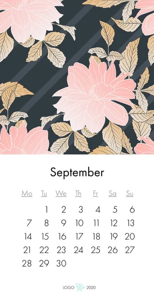 Calendario floreale Settembre 2020 con stampa moda. Pianta in fiore, ramo con disegno a inchiostro floreale. Illustrazione vettoriale — Vettoriale Stock