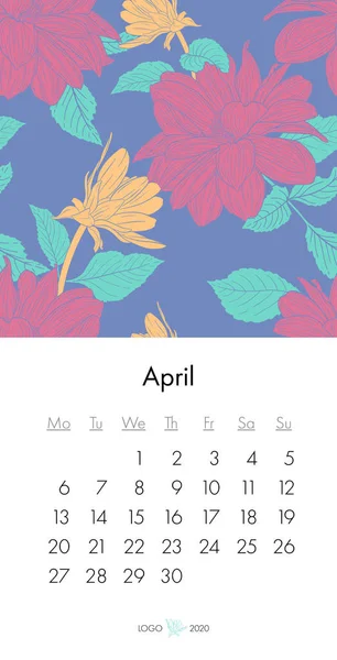 Calendário floral abril 2020 com impressão de moda. Planta em flor, ramo com esboço de tinta de flor. Ilustração vetorial —  Vetores de Stock
