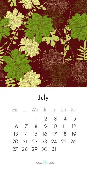 フラワーカレンダー2020年7月、ファッションプリント付き。花の植物、花のインクスケッチと枝。ベクトルイラスト — ストックベクタ