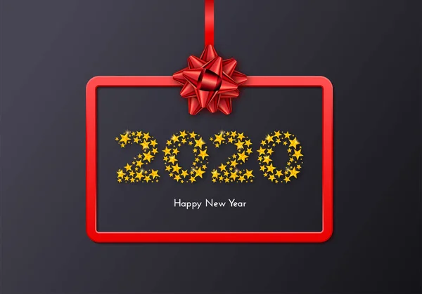 Tarjeta de regalo Holiday New Year 2020 con marco rojo y lazo sobre fondo oscuro. Plantilla para una pancarta, póster, invitación. Ilustración vectorial — Vector de stock