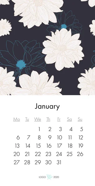 Calendário floral janeiro 2020 com impressão de moda. Planta em flor, ramo com esboço de tinta de flor. Ilustração vetorial —  Vetores de Stock