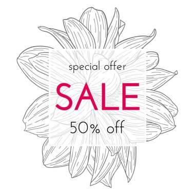 Satılık çiçek kartı. Çiçek bitki, çiçek mürekkebinin kroki ile dal. Bir afiş, alışveriş, davet, sosyal medya için moda baskı