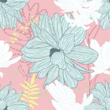 Çiçek mürekkep kroki ile Çiçek dikişsiz desen. Dahlia, ne oldu? Bir afiş, poster, kumaş, dizüstü bilgisayar, davetiye için moda çiçek baskı