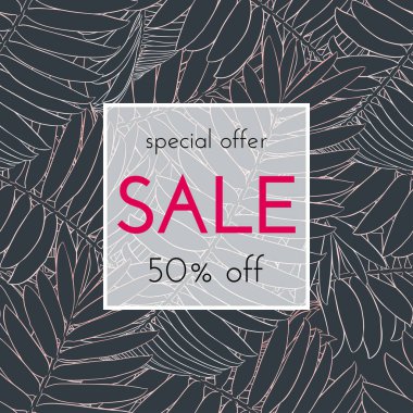 Satılık çiçek kartı. Avuç içi dalı mürekkep krokisi. Bir afiş, alışveriş, davet, sosyal medya için moda baskı