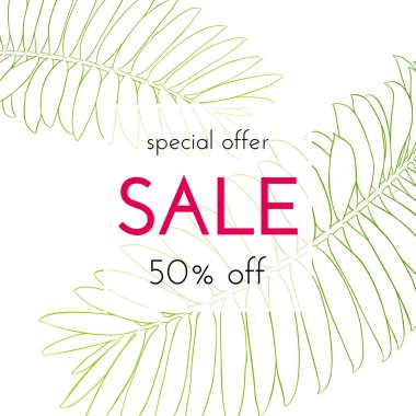 Satılık çiçek kartı. Avuç içi dalı mürekkep krokisi. Bir afiş, alışveriş, davet, sosyal medya için moda baskı