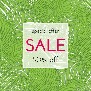 Satılık çiçek kartı. Avuç içi dalı mürekkep krokisi. Bir afiş, alışveriş, davet, sosyal medya için moda baskı