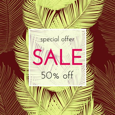 Satılık çiçek kartı. Avuç içi dalı mürekkep krokisi. Bir afiş, alışveriş, davet, sosyal medya için moda baskı