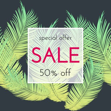 Satılık çiçek kartı. Avuç içi dalı mürekkep krokisi. Bir afiş, alışveriş, davet, sosyal medya için moda baskı