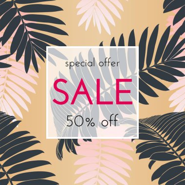 Satılık çiçek kartı. Avuç içi dalı mürekkep krokisi. Bir afiş, alışveriş, davet, sosyal medya için moda baskı