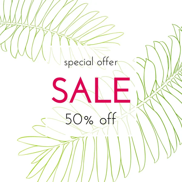 Satılık çiçek kartı. Avuç içi dalı mürekkep krokisi. Bir afiş, alışveriş, davet, sosyal medya için moda baskı