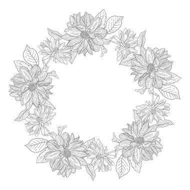 Çiçek çelenk mürekkep kroki. Kartvizit, afiş, poster, sarma, kumaş, not defteri, davetiye için şablon baskı