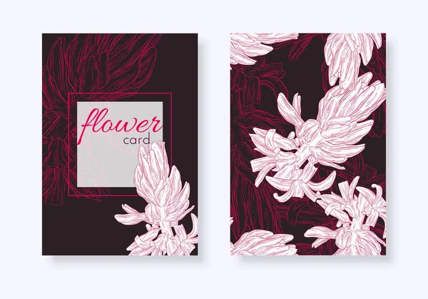Uppsättning av blommiga kort. Plantera i blom, förgrena sig med blomma färg skiss. Hyacint. Mode blommig print för en banner, omslag, anteckningsbok, inbjudan — Stock vektor