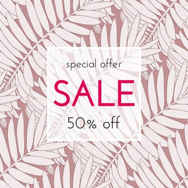 Satılık çiçek kartı. Avuç içi dalı mürekkep krokisi. Bir afiş, alışveriş, davet, sosyal medya için moda baskı