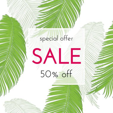 Satılık çiçek kartı. Avuç içi dalı mürekkep krokisi. Bir afiş, alışveriş, davet, sosyal medya için moda baskı