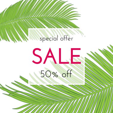 Satılık çiçek kartı. Avuç içi dalı mürekkep krokisi. Bir afiş, alışveriş, davet, sosyal medya için moda baskı