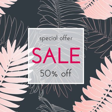 Satılık çiçek kartı. Avuç içi dalı mürekkep krokisi. Bir afiş, alışveriş, davet, sosyal medya için moda baskı