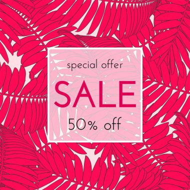 Satılık çiçek kartı. Avuç içi dalı mürekkep krokisi. Bir afiş, alışveriş, davet, sosyal medya için moda baskı