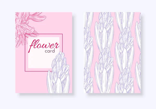 Conjunto de tarjetas florales. Planta en flor, rama con bosquejo de tinta de flor. Hyacinth. Estampado floral de moda para una pancarta, envoltura, cuaderno, invitación — Vector de stock
