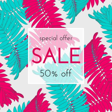 Satılık çiçek kartı. Avuç içi dalı mürekkep krokisi. Bir afiş, alışveriş, davet, sosyal medya için moda baskı