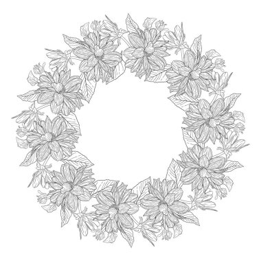 Çiçek çelenk mürekkep kroki. Kartvizit, afiş, poster, sarma, kumaş, not defteri, davetiye için şablon baskı