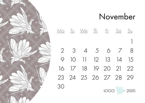 Calendario floreale 2020 con stampa moda. Pianta in fiore, ramo con disegno a inchiostro floreale. Illustrazione vettoriale — Vettoriale Stock