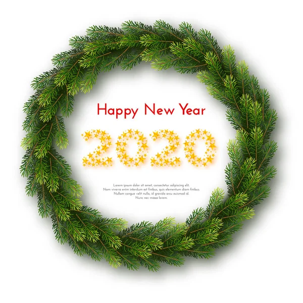 Holiday New Year 2020 gift card with numbers of golden stars, fir wreath on white background. Template for a banner, poster, invitation. Vector illustration