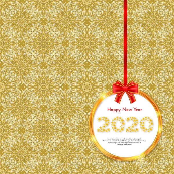 Holiday New Year 2020 Ajándékkártya arany kör kerettel és piros íj. Sablon egy banner, poszter, meghívó. Vektoros illusztráció — Stock Vector