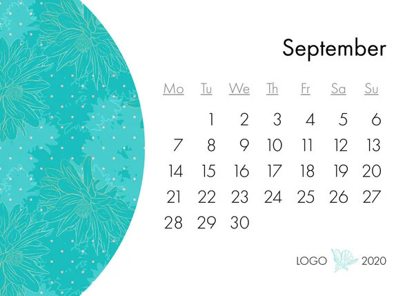 Calendario floreale 2020 con stampa moda. Pianta in fiore, ramo con disegno a inchiostro floreale. Illustrazione vettoriale — Vettoriale Stock