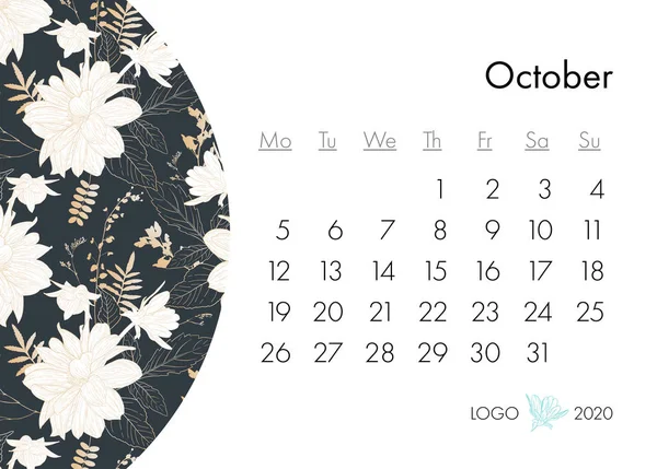 Calendario floreale 2020 con stampa moda. Pianta in fiore, ramo con disegno a inchiostro floreale. Illustrazione vettoriale — Vettoriale Stock