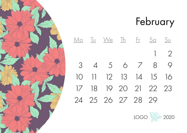 Calendario floreale 2020 con stampa moda. Pianta in fiore, ramo con disegno a inchiostro floreale. Illustrazione vettoriale — Vettoriale Stock