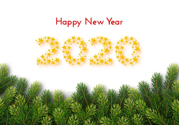 Δωροκάρτα διακοπών. Ευτυχισμένο το νέο έτος 2020. Φόντο με αριθμούς από χρυσά αστέρια, κλαδιά ελάτου δέντρου σε λευκό φόντο. Πρότυπο για ένα πανό, αφίσα, πρόσκληση. Απεικόνιση διανυσματικών φορέων — Διανυσματικό Αρχείο