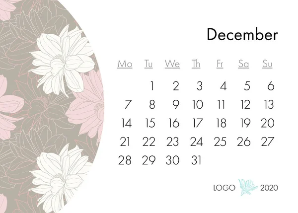 Floral ημερολόγιο 2020 με εμπριμέ μόδας. Φυτό σε άνθος, κλαδί με σκίτσο από λουλούδι. Απεικόνιση διανυσματικών φορέων — Διανυσματικό Αρχείο