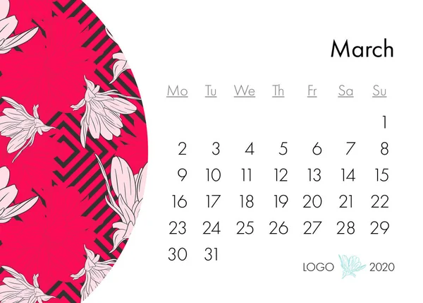 Calendário floral 2020 com impressão de moda. Planta em flor, ramo com esboço de tinta de flor. Ilustração vetorial —  Vetores de Stock