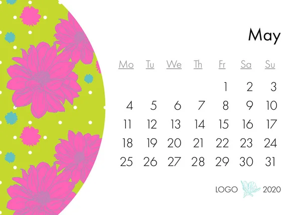 Calendario floral 2020 con estampado de moda. Planta en flor, rama con bosquejo de tinta de flor. Ilustración vectorial — Archivo Imágenes Vectoriales