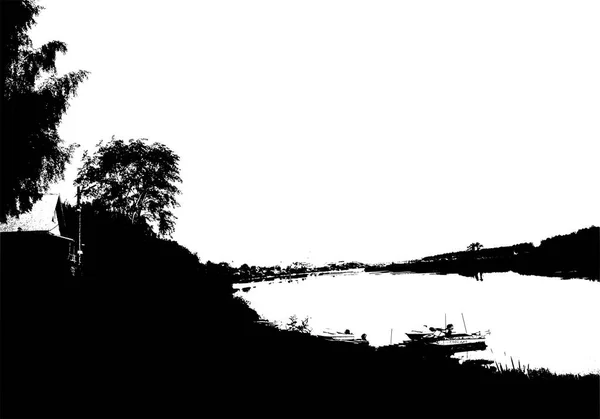 Silhouette panoramique rivière noire. Carte avec espace de copie. Isolé — Image vectorielle