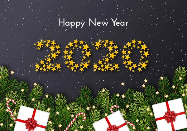 Tarjeta de regalo navideño. Feliz Año Nuevo 2020. Números de estrellas doradas — Archivo Imágenes Vectoriales
