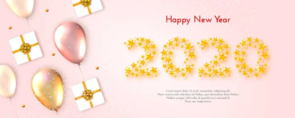 Holiday New Year 2020 gift card with numbers of golden stars — Stock Vector