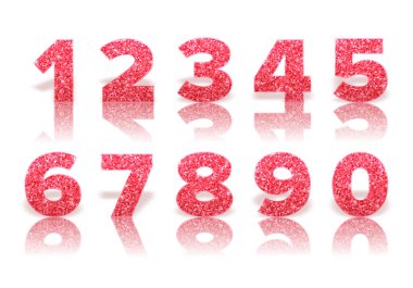 Beyaz arka planda izole edilmiş kraliyet tarzında yansımalı ve gölgeli kırmızı parıltılı sayılar. Davetiye ve satış afişi için şablon. Tatil dekorasyonu. Vektör.