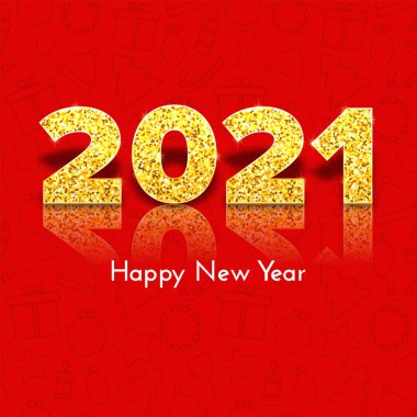 Kırmızı geleneksel ikon arka planında yansıması ve gölgesi olan 2021 altın sayı. Bayram hediye kartı. Mutlu yıllar. Kutlama dekoru. Vektör şablonu illüstrasyonu.