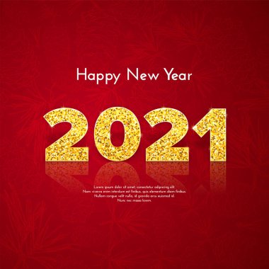 Yansıması ve gölgesi olan 2021 numaralı altın sayılar. Noel hediyesi kartı. Çam dallarıyla dolu mutlu yıllar. Kutlama dekoru. Vektör şablonu illüstrasyonu.