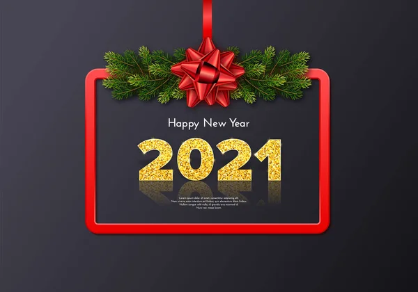 Gri arkaplanda yansıması ve gölgesi olan 2021 numaralı altın sayılar. Noel hediyesi kartı. Köknar ağacı dalları, kırmızı çerçeveli ve fiyonklu mutlu yıllar. Kutlama dekoru. Vektör şablonu illüstrasyonu.