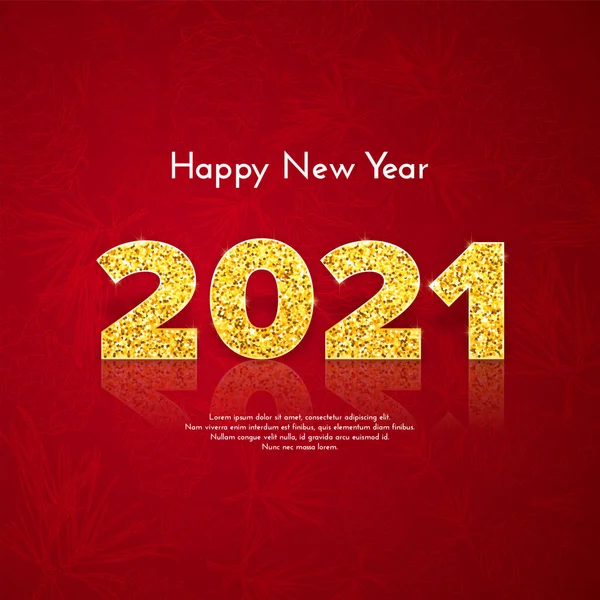 Yansıması ve gölgesi olan 2021 numaralı altın sayılar. Noel hediyesi kartı. Çam dallarıyla dolu mutlu yıllar. Kutlama dekoru. Vektör şablonu illüstrasyonu.