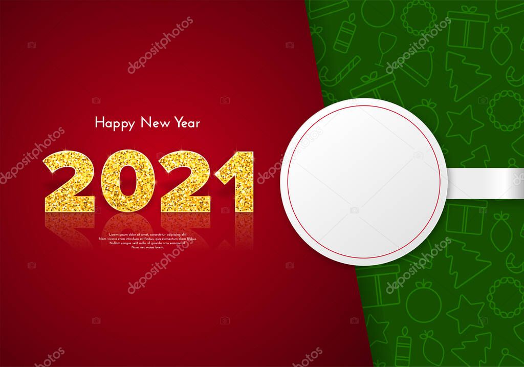 Holiday gift card Happy New Year with white round sticker and traditional Christmas icons patterns on background. Golden numbers 2021 with reflection and shadow. Celebration decor. Vector template illustration.