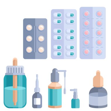 İlaç etiketi beyaz izole arka planda. Sosyal afişler, web elementleri, sağlık hizmetleri ve tıbbi afişler için burun damlaları. Çevrimiçi kimyacı dükkanı, bilgi kartı. Düz stil stok vektör illüstrasyonu