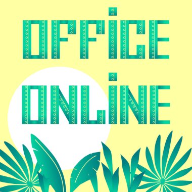 Ofisi olan ev bitkileri sarı arka planda çevrimiçi metin. Broşür, bilgi kartı, web sitesi ya da sosyal afiş, uzak bir iş yeri, işçi değişimi, kumaş baskısı için web posteri. Düz stil stok vektör illüstrasyonu