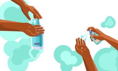 Afro kollar arka planda fotokopi alanı ile yıkanır. Sosyal afiş için el dezenfeksiyonu, tıbbi afiş, sosyal ağ uyarısı. Kimyager dükkanı logosu ya da bilgi kartı. Düz stil stok vektör illüstrasyonu