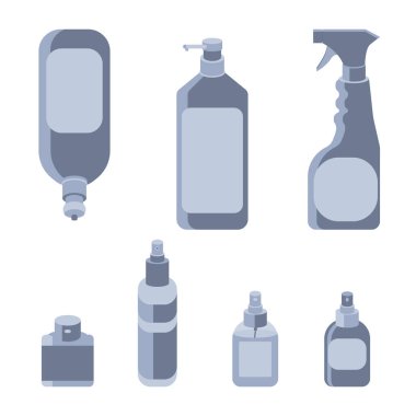 Çıkartma, beyaz izole arkaplanda bir model oluşturmuş. Sosyal afişler için antiseptik şişeler, hijyen terfisi, tıbbi afiş. Ev eşyaları mağazasının logosu ya da bilgi kartı. Asgari biçim stok vektörü illüstrasyonu