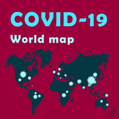 Burgonya arkaplanında COVID-19 mesajı. Sosyal afiş, tıbbi poster, sosyal ağ uyarısı veya bilgi kartı için virüs simgelerinin olduğu dünya haritası. Kapüşonlu ya da tişörtlü. Asgari biçim stok vektörü illüstrasyonu