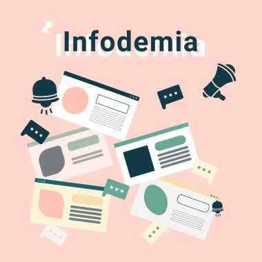 Bej arkaplan üzerine Infodemia metni. Sosyal afiş ya da propaganda afişi için internet haber sembolü, sosyal ağ uyarısı, bilgi kartı. Web sitesi şablonu veya maketi. Asgari biçim stok vektörü illüstrasyonu