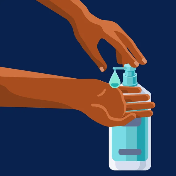 海軍の青い背景にアフロ腕の消毒 ソーシャルバナー 衛生宣伝 医療ポスター ウェブテンプレートのための手洗い 化学店のロゴや情報カード 最小限のスタイルのストックベクトルイラスト — ストックベクタ